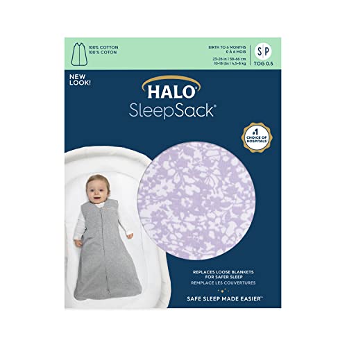 HALO SleepSack, 100% Cotton Wearable Blanket, Swaddle Transition Sleeping Bag, TOG 0.5, Aster Flowers-purple, Small, 0-6 Months