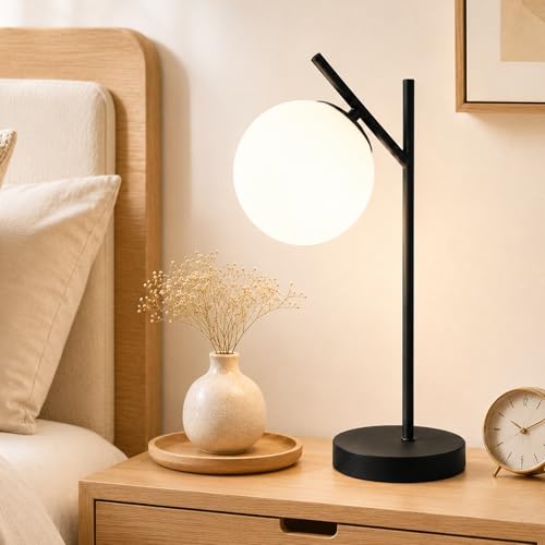 Image of Mid Century Modern Table Lamp Contemporary White Glass Globe Table Lamp Vintage Nordic Desk Lamp Metal Nightstand Lamp for Office Study Room Bedroom(H19.2)