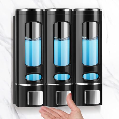 Yuirshion Dispensador Jabon Pared,3 Piezas 400ml Sin Taladrar Dispensador Jabon Baño,con Soportes Sin Taladrar,Pared,Adecuado para Gel de Ducha Líquido,Champú y Acondicionador,para Baño,Hoteles-Negra