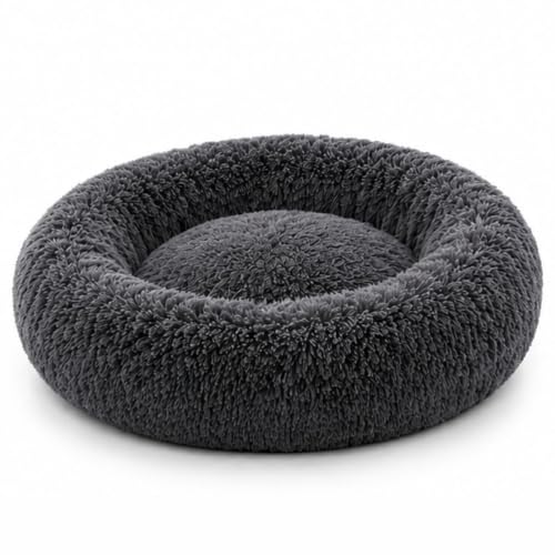 Image of Round Donut Pet Bed for Dogs & Cats, Soft Plush Faux Fur Sleeping Mat, Cozy Calming Nest with Raised Supportive Rim, Reversible 2-in-1 Design, Washable Pet Cushion | Gray, Small, Gray, Small
