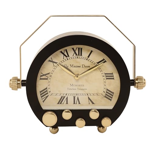 Image of Decor de Maison Brings Handcrafted Kent Table Clock for KidsRoom, Living Room, Bedroom, Study Table, Office Desk | Classic Non-Ticking Tabletop Battery Operated Analog Desk Clock in Black (29x8x24cm)