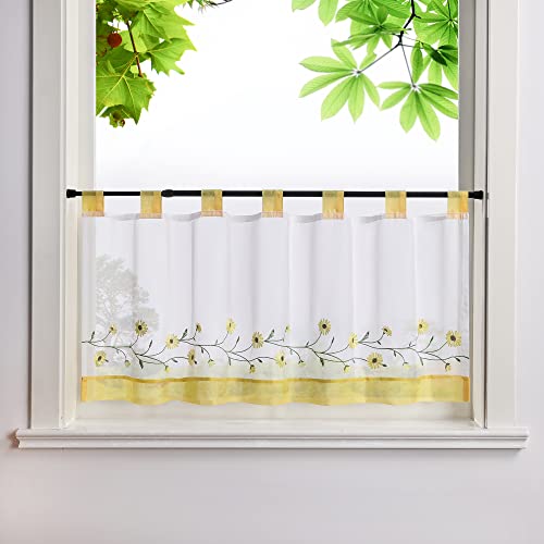 Heichkell Embroidered Net Curtain Voile Short Curtains with Loops Pastoral Kitchen Curtains Country House Style Bistro Curtain Yellow W x H 90 x 45 cm