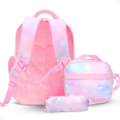 Kit Mochila Escolar Delicada Concha Fofinha + Lancheira e Estojo Infantil (Rosa)