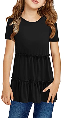 Image of Haloumoning Girls Crew Neck T Shirts Peplum Babydoll Tops Tees 4-15 Years | Girls T-Shirts, Casual Loose Tunic Tops, Cute Ruffle T Shirts, Short Sleeve Shirts, Long Sleeve Blouse