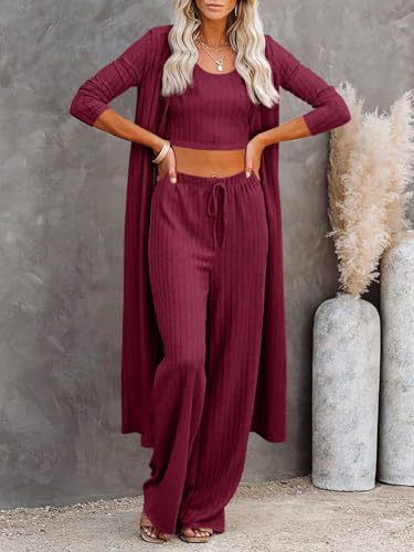Image of Fessceruna Womens 3 Piece Lounge Pajamas Sets Cute Vacation Matching Set | Pj Sets, Airport Travel Outfits, Bedroom, Winter Fall Loungewear , Cotton, Christmas