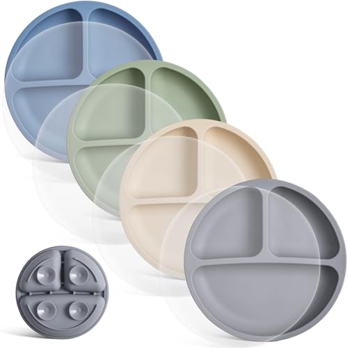 Image of VITEVER Toddler Plates with Lids, 4 Pack Baby Plates with Suction, 100% Food-Grade Silicone, Suction Plates for Baby, Divided Design, Microwave & Dishwasher Safe