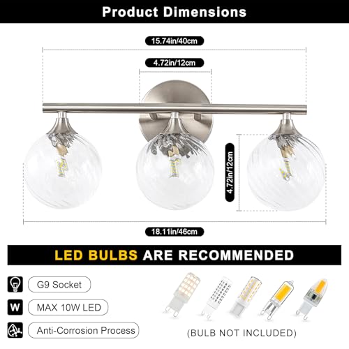 Image of WILON 3 Lights Bathroom Vanity Light, Brushed Nickel Vanity Lights for Bathroom, Modern Bubble Globe Bathroom Light Fixtures Over Mirror, Dimmable G9 Base Vanity Lighting with Clear Glass Shade