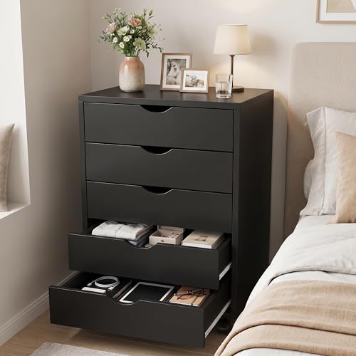 Image of 5 Drawer Mobile File Cabinet Under Desk Storage Organization with Wheels Vertical Filing Chest Rolling Wood Small Desk Printer Stand for Home Office, Black