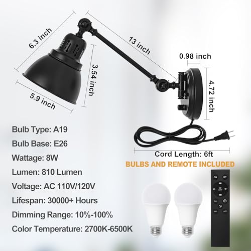 Plug in Wall Sconces Set of Two with Remote, Stepless Dimming & Stepless Colors 2700K-6500K, Swing Arm Wall Lamp, Plug in Wall Light with Night Light & Timer, Hardwired or Plug-in, LED Bulbs Included