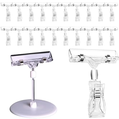 Clear Sign Clips,Juvaeny 36 Pcs Clip on Sign Holder Plastic Double Sided Price Display Signs with 1 Sign Clips base for Display Merchandise Sign Holder Small Clear Sign Holder Rotatable Price Tags for Retail