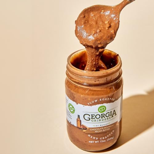 Image of Georgia Grinders Chocolate Bourbon Pecan Butter, Limited Edition, Creamy Gourmet Spread, Non GMO, Gluten Free, No Palm Oil, Vegan Friendly, 12 Ounce (1 Pack)