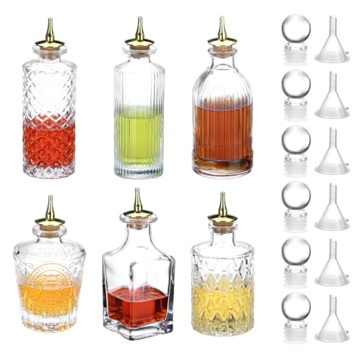 QWORK Glass Bitters Bottle Set of 6 Zinc Alloy Dash Tops for Home Bars Restaurants & Cocktail Stations