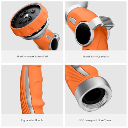 Image of RESTMO Hose Nozzle Heavy Duty, Metal Water Hose Sprayer for Garden | 9 Spray Patterns, High Pressure, Thumb Flow Control, On /Off Valve, Ideal for Outdoor Lawn & Plant, Car & Pet, Orange