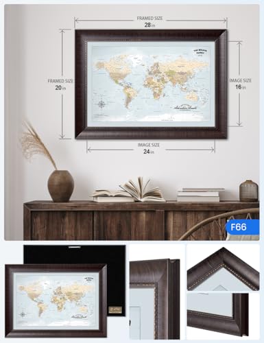 Image of IPIC - Custom Framed World Maps for Wall Decor, Push Pin Map Decor to Mark Travels, Personalized Artwork with Names and Message on, World Travel Map Print for Home, Office, Study, and RV