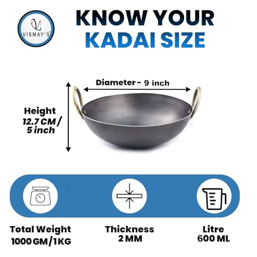 Image of VISMAY'S 9 Inch 600 ML Food Grade Iron Kadhai Wok Frypan Lohe ki Kadai Smooth Edges Riveted Handles Deep Frying, Roasting Metal Spoon Friendly Traditional Indian Cooking Durable Kitchen Cookware