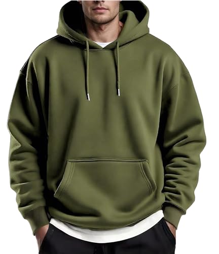 Lista de Sudaderas sin capucha para Hombre los más solicitados. 46 COOFANDY - Sudadera con capucha para hombre, con forro polar, casual, manga larga, con cordón y bolsillo kanga, Verde militar, X-Large
