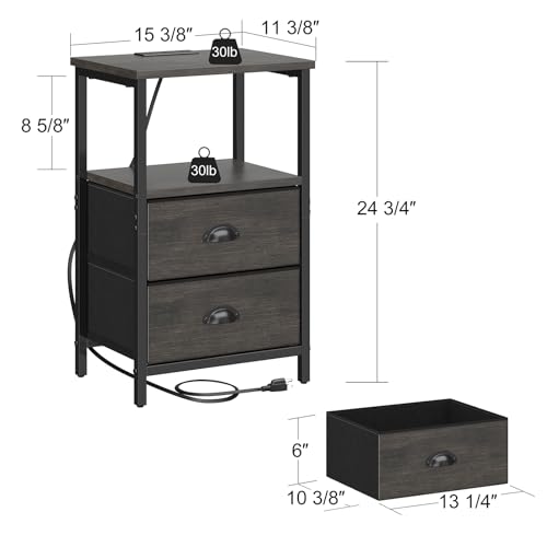 Image of sthmec Nightstand with Charging Station, LED Night Stand with 2 Fabric Drawers, Bedside Tables End Table with Drawers, 2-Tier Storage Side Table Nightstand with Drawers for Bedroom, Black Oak