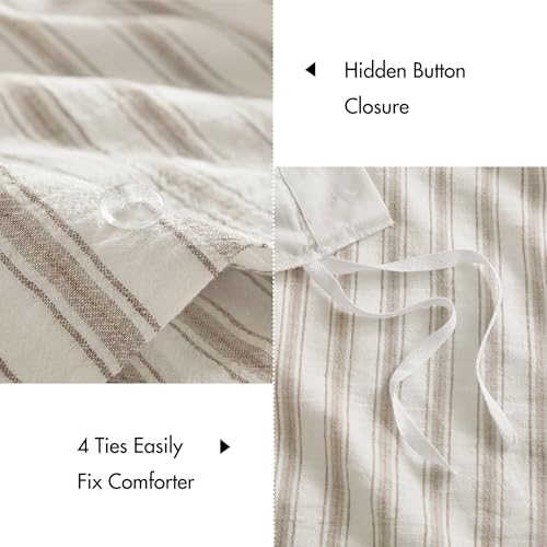 Image of Madison Park Linen Cotton Rayon Blend Duvet Cover Set, 3PC Queen | Striped Design, Lightweight & Breathable Bedding with Shams, Tan