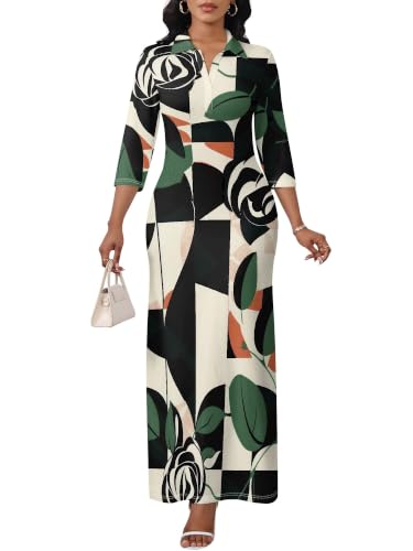 Image of PinkPatty Women's Casual 3 /4 Sleeve Polo V Neck Bodycon Maxi Dress