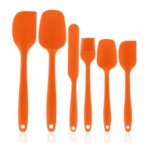 6-Pack Silicone Spatula Set Heat Resistant Non-Stick Stainless Steel Core Food Grade BPA Free Rubber Spatulas Kitchen Baking Tools Cooking Utensils Cookware Turner Tongs (Orange)