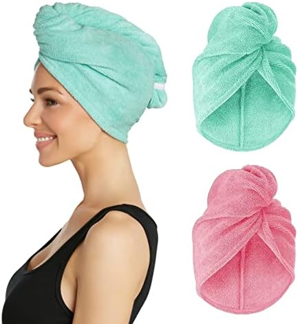Turbie Twist Extra Long Microfiber Hair Towel Wrap for Women and Men | 2 Pack | Bathroom Essential Accessories | Quick Dry Hair Turban for Drying Curly, Long & Thick Hair (Pink, Mint)