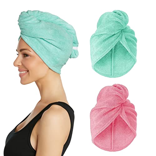 Turbie Twist Extra Long Microfiber Hair Towel Wrap For Women And Men | 2 Pack | Bathroom Essential Accessories | Quick Dry Hair Turban For Drying Curly, Long & Thick Hair (Pink, Mint) #TOP7
