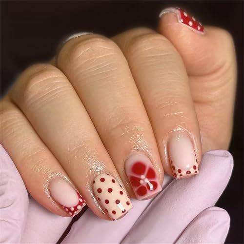 Juego de 24 uñas postizas cuadradas cortas con lunares naranjas y marrones de inspiración francesa, acabado brillante, para uso diario, ABS mate, diseño elegante