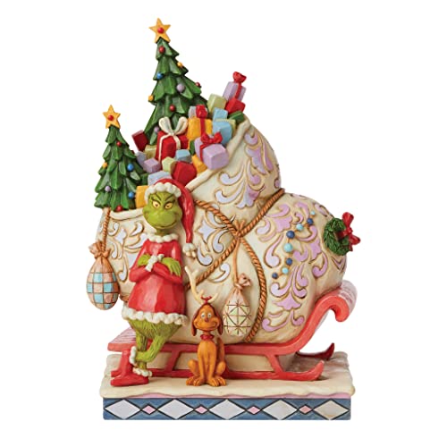 Enesco Jim Shore Dr. Seuss The Grinch and Max Standing by Sleigh Figurine, 8.46 Inch, Multicolor
