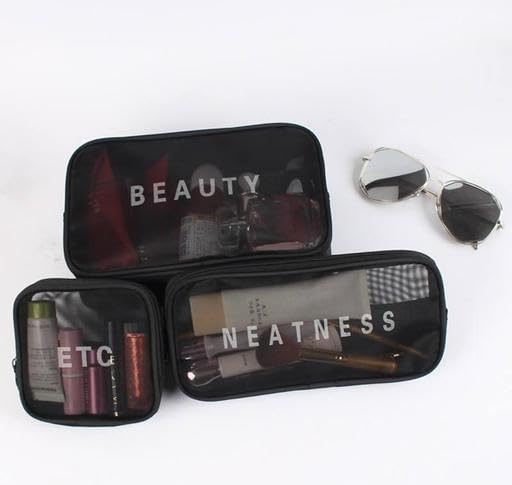 (ONLY POUCHES) Travel Nylon Mesh Makeup Bags Set 3 Pieces See Through Zipper Pouch Travel Cosmetic And Toiletry Kit Organizer Bag 3 Pack Of S M L 3-in-1-mkup-nvyblu-09-14 SB-P9293