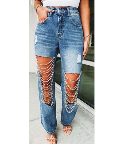 Women's Covered in Diamond Jeans High Rise Wide Leg Rhinestone Fringe Hem Split Denim Trouser2