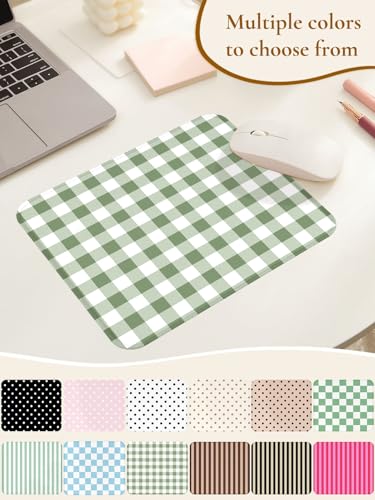 Image of Square Cute Checkered Mouse Pad with Stitched Edge, Premium Waterproof Cloth Aesthetic Small Plaid Mouse Mat, Non-Slip Rubber Base Funny Mousepad Desk Accessories,Green White