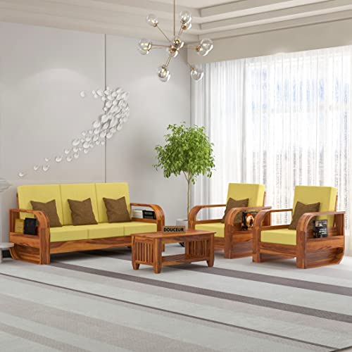 Image of Douceur Furnitures Solid Sheesham Wood 5 Seater Sofa | Five Seater Sofa Set for Living Room, Cafe, Office | (Honey Teak Cushion Yellow)