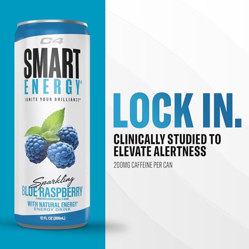 Image of C4 Smart Energy Drink - Boost Focus and Energy with Zero Sugar, Natural Energy, and Nootropics - 200mg Caffeine - Blue Raspberry (12oz Pack of 12)