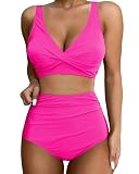 GRAPENT Pink Bikini Set - High Waisted Swimming Suits for Women - Neon Pink, Size 12 to 14