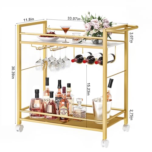 Image of Joaxswe Bar Cart w /Wheels,Home Bar Serving Cart w /Storage Shelves,Gold | 2 Tier Rolling Beverage Cart,Modern Wine Cart w / Wine Rack and Glass Holder for Kitchen, Living Room,Dinning Room