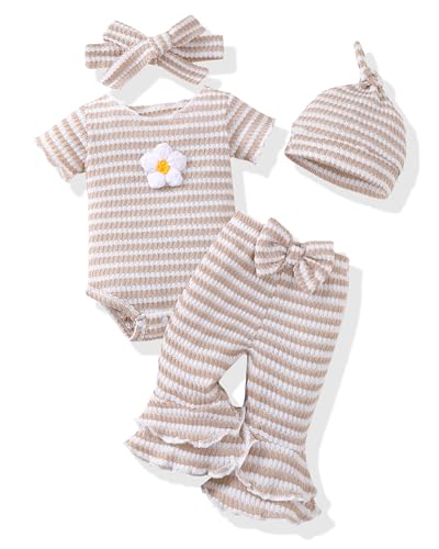 Renotemy Infant Baby Girl Clothes 3-6 Months Baby Summer Outfits Clothes Coming Home Outfits Gifts for Girls Newborn Essentials Khaki Short Sleeve Romper Bell Bottom Pants Bodysuit Clothing Set