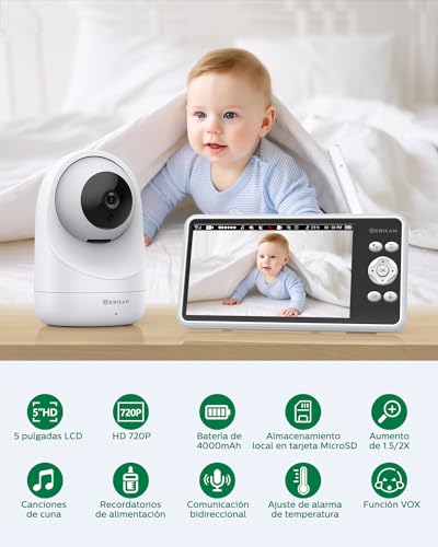 Sebikam Camara Vigilancia Bebé 5" 720P HD IPS Pantalla Video Baby Monitor con 2 cámaras, Batería de 4000mAh PTZ 355°Vigilabebes, Modo VOX, Visión Nocturna, Audio Bidireccional, Temperatura - imagen 2