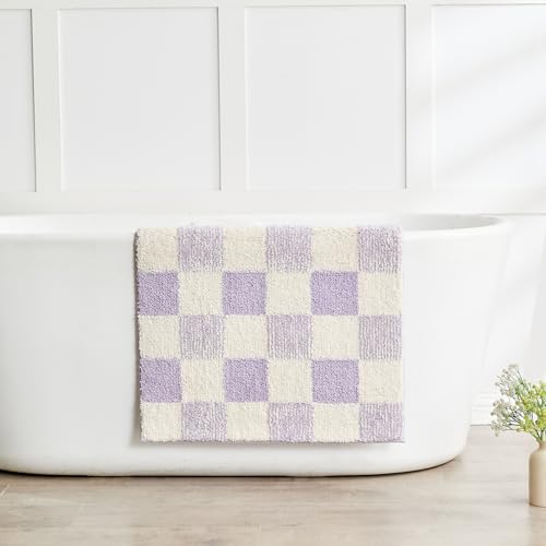 CozeCube Bath mats for Bathroom Non Slip, Fluffy Absorbent Microfiber Bath mat Washable, Aesthetic Bathroom Rugs, Large Purple Checkered Bath mat, Lavender, 36" x 24"