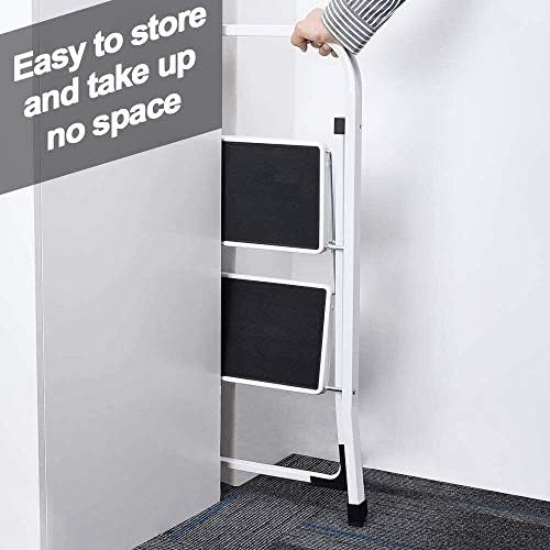 2 Step Ladder - Foldable Ladder With Anti-Slip Mat 2 Step Aluminium Small Step Ladders Lightweight Step Ladder Heavy Duty Folding Step Stool for Home Office Kitchen, 330lbs Capacity