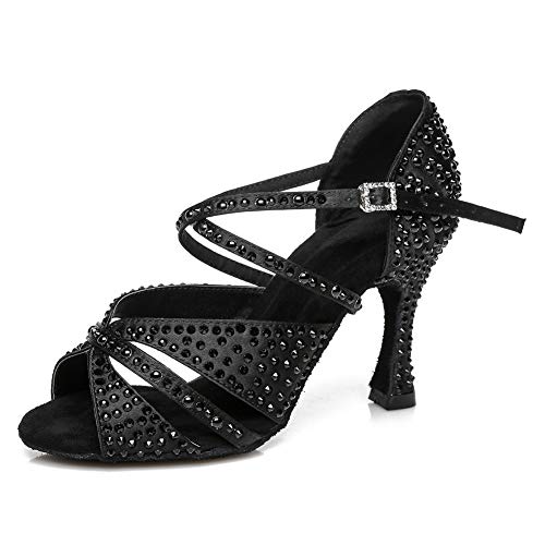 JUODVMP Women Rhinestone Ballroom Dance Shoes Latin Satin Salsa Performance Dance Shoes Model YCL428