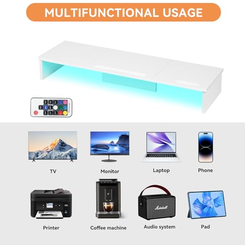 Qupui TV Riser Stand with LED Lights, 42.5in Super Large Monitor Stand with Phone Tablet Holder, Tabletop TV Stand Riser for Desk, Desktop Organizer for Computer, TV, Laptop, Printer