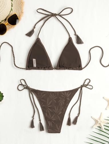 Image of ZAFUL 2 Piece Triangle Bikini for Women Knitted Rope Halter Bikini Sets Sexy Bathing Suit Side Tie Swimsuits Beachwear