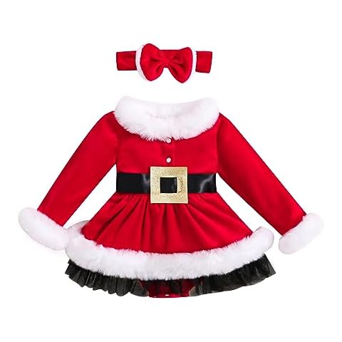 Yccutest Toddler Baby Girl Christmas Dress Outfit Clothes Long Sleeve Red Santa Claus Princess Party Cosplay Dresses Headwear(A Little Sister Romper,6-12 Months) Cover