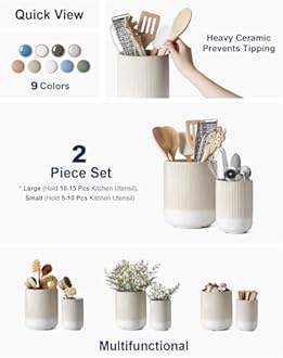 LE TAUCI Utensil Holder, 18.5+14cm Ceramic Kitchen Utensils Holder, Large Cooking Utensil Pots for Kitchen Counter, Morden Utensil Organizer for Spatula, Set of 2, Reactive Glaze Arctic White