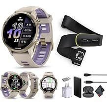 Garmin Forerunner 970 Running Smartwatch, GPS Fitness Watch for Men and Women, Soft Gold Titanium with French Gray Case/Translucent Indigo Band + Access 600 Fitness Monitor, M-XL + More