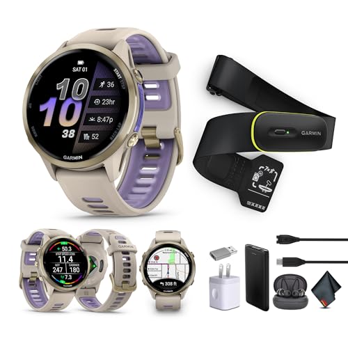 Garmin Forerunner 970 Running Smartwatch, GPS Fitness Watch for Men and Women, Soft Gold Titanium with French Gray Case/Translucent Indigo Band​ + Access 600 Fitness Monitor, M-XL​ + More