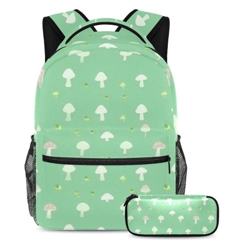 Sac à dos et trousse scolaire multicolore motif champignon vert pour étudiant et lycée