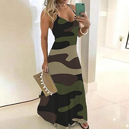 Handyulong Womens Summer Dresses Plus Size Casual Sundresses Sleeveless Camouflage Maxi Long Dress Sling Tank Dress #TOP1