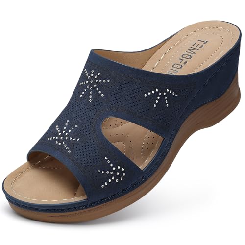 Image of TEMOFON Women Wedge Sandals Dressy: Comfortable Lightweight Summer Shoes | Low Wedge Heel - Fit Wide Feet - Comfy Stylish Slip on Sandals Size 5-11