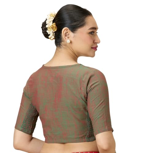 Image of Studio Shringaar Women's Handloom Cotton Side Stretchable (Smocked) Readymade Saree Blouse with Crochet Neckline